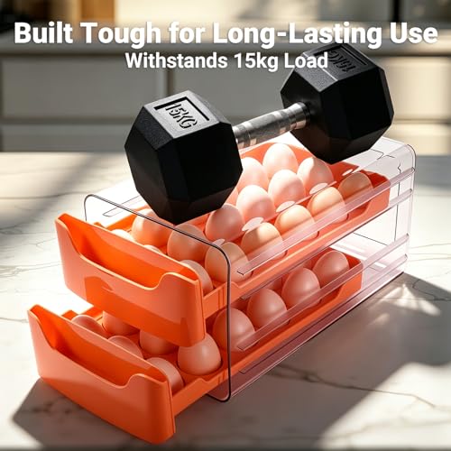 Egg-Holder for Fridge, Fits Small to Large Eggs, Orange | 36 Egg-Storage for Refrigerator Countertop, 2 Tier Dispenser with Drawer, Stackable Clear Egg Tray Container - size: 2 Tier-Orange