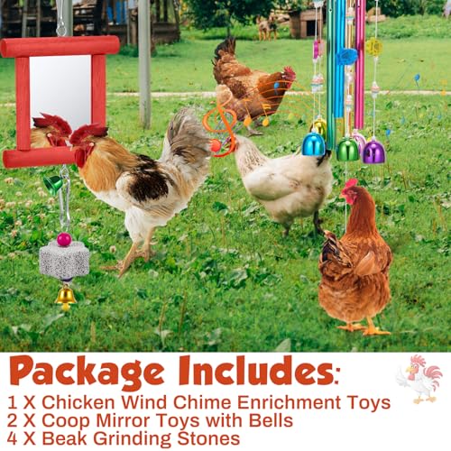 VioraWhite 7 Pcs Chicken Toys, Hanging Chicken Wind Chime, 2 Pcs Coop Mirror Toys with Bells 4 Pack Beak Grinding Stones, Musical Coop Accessories for Hen Rooster Chick Poultry Birds(Red, Orange) - color: Red, Orange