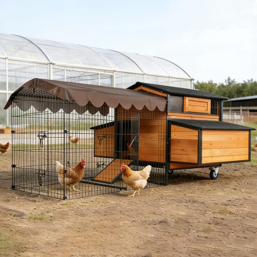 Extra Large Mobile Chicken Coop with Run, Portable Chicken Tractor with Wheels, 76.7" L Hen House Poultry Cage with All-Around Iron Frame, Metal Sliding Tray, 6 Nesting Boxes for 6-8 Chickens - size: 76.6"L x 53.8"W x 36.8"H, Fits 6-8 Chickens