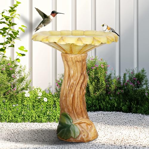SKYFIRE 24.4" H Sunflower Bird Bath Outdoor - Fibre Reinforced Concrete Pedestal Birdbath, 19.6" Dia. Garden & Patio Decor, Weather Resistant Yard Bird Bath for Backyard Lawn - color: Sunflower Yellow