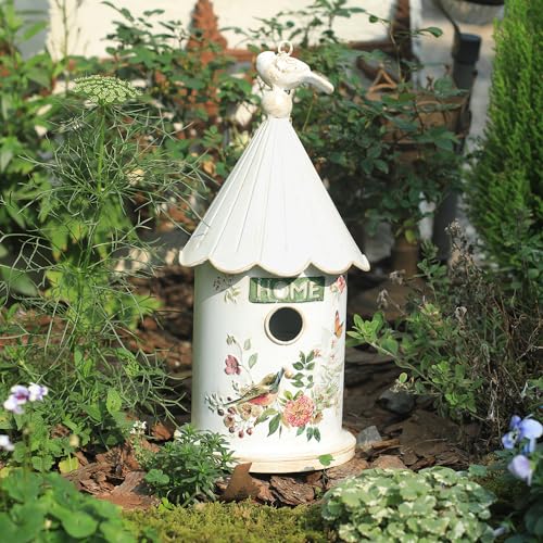 Metal Hanging Birdhouses for Outdoors Bird Houses for Outside Unique Bird Nest for Bluebird Wren Chickadee Sparrow Bird Nest Box for Garden Patio - color: White