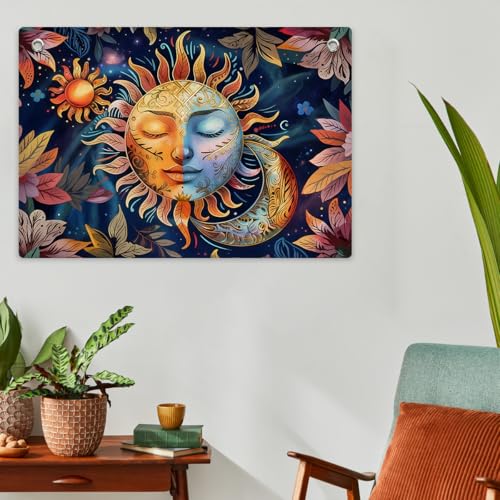 Hippie Sun and Moon Tapestry Banner Flag Wall Hanging for Bedroom Aesthetic | Boho Bohemian Hippy Mystic Floral Tapestries, Celestial Floral Backdrop Banner Decor for Living Room Dorm 28.5x20 Inch - color: Multi 0665