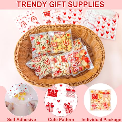ZYLOP Valentines Cookie Bags - 100PCS 4x4 In Red Self-Sealing Valentine's Cellophane Treat Bags for Candy Snacks,Small Gifts, Clear Goodie Bags for Valentine's Day, Birthday, Party Favors - 2.8 Mil - color: Red Heart 100pcs