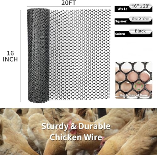 Plastic Wire Mesh Fence 16in x 20Ft Plastic Chicken Wire Mesh for Poultry, Dogs, Rabbit, Snake Barrier & Gardening Versatile Plastic Fencing (16in x 20Ft, Black) - color: Black, size: 16in x 20Ft