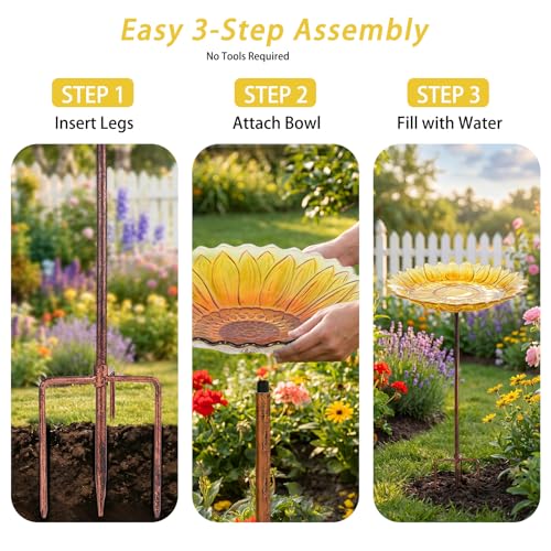 Glass Bird Bath, Garden Outdoor Birdfeeder with Metal Stake, Yellow | Birdbaths with metal stand to attract cardinals and blue jays wild birds and beautify outdoor sunflower gardens decor - color: Yellow