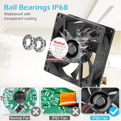 Wathai 2PCS IP68 80mm x 25mm 12V Waterproof Cooling Fan DC 12v Exhaust Fan | High Airflow Dual Ball DC 12v Exhaust Fan 2Pin for DIY RV Fridge Refrigerator Solar Battery Box Cabinet Ventilation Cooling - style: IP68 80mm