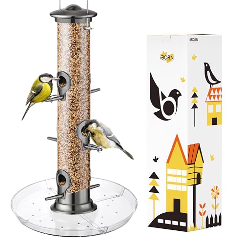 iBorn Bird Feeders Seed Catcher for Outside Hanging 6 Port Bird Feeder for Cardinal Birds Aluminium Metal,Brushed Black Nickel Finishing 14 Inch 6 Port (Seed is not Included) - color: Black, 14 inch, 6 Ports, with Tray