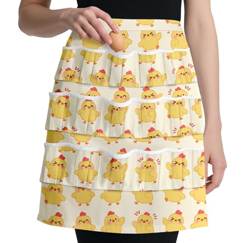 CUTHOLLOW Egg Collecting Apron for Adlut, Housewife, 18 Deep Pockets Hen Egg Gathering Holding Apron with Elastic Closures - style: Cartoon Chicken