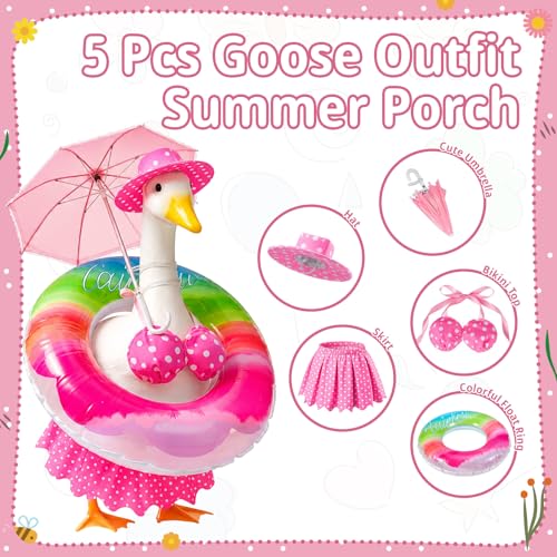 Bikini Porch Goose Outfits - 23" Lawn Goose Statue Pink Summer Costume with Hat, Swim Ring & Parasol - Hawaiian Pink Polka Dot Geese Clothes for Outdoor Patio Yard Decoration - style: Pink dots