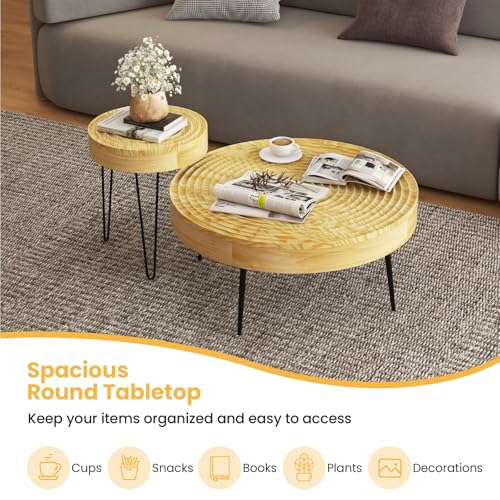 COSTWAY Farmhouse Round Coffee Table Set of 2, Rustic Sofa Side Tea Tables w/Wood Finish, Metal Frame, Adjustable Foot Pads, Nesting End Table Set for Living Room, Bedroom (Ring Pattern, Natural) - color: Natural, style: Ring Pattern