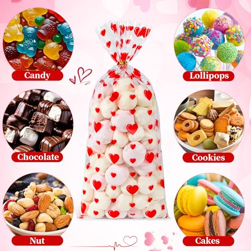 Soarvita 100PCS Valentine Goodie Bags – 5 x 11 Inch Red Heart Valentine Cellophane Treat Bags with 110 Twist Ties, Valentine's Day Candy Bags for Kids Classroom Exchange, Cookies, Gifts & Party Favors - color: Valentines-100pcs