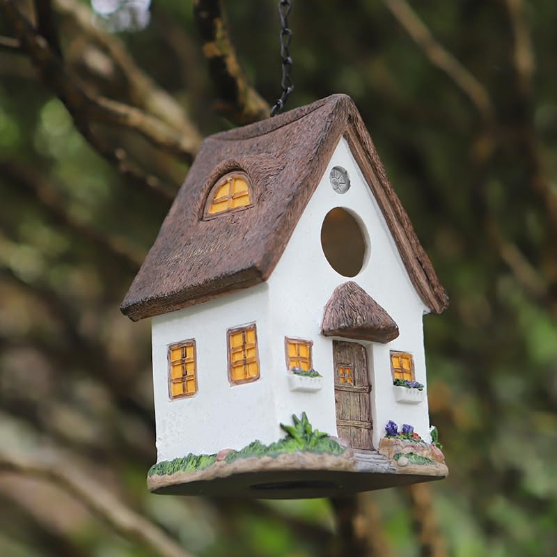 Hanging Bird House for Outside, White Resin Bluebird House with Hanging Chain, Waterproof & Practical Forest Bird Houses, Decorative Stone Hanging Birdhouse for Yard Garden Outdoor Decor - style: White