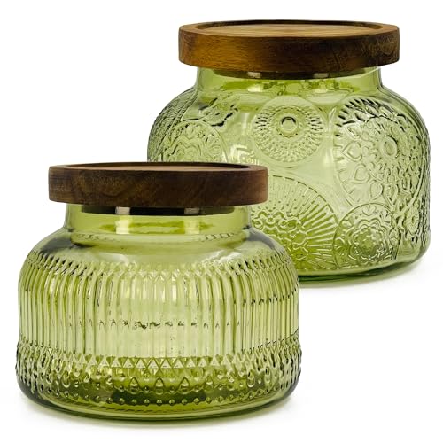 Decorative Green Glass Jars with Airtight Wooden Lids 2 pack, 25.4 fl. oz | Wide mouth vintage storage canister, kitchen pantry bathroom organization, coffee sugar tea cookie candy candle vase gift - size: 25.4 Ounces, style: Green 2pc