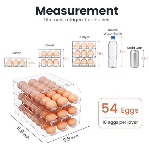 SMRCAD 54-Egg Dispenser with Silicone Bumpers, Auto-Rolling, Stackable | BPA-free food-grade PET | Stackable with lid | Built-in handle | 11.92"L x 8.85"W x 7.9"H | Hand wash only - size: 3 Tier Holder 54 Eggs (L SIZE)