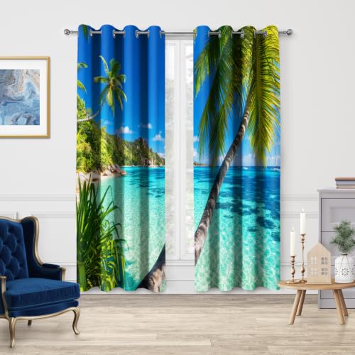 Ocean Palm Tree Blackout Curtains 2 Panel Set, 42"x63" | Tropical Beach Curtains Clear Sea Island View Seaside Scenery Decor for Bedroom Living Room Grommet Window Drapes Blue - color: Ocean, size: 42"W x 63"L (Pack of 2)