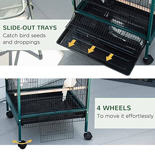 PawHut Large Bird Cage 1.7 ft. Width for Wingspan 55", Green | Bird Aviary Indoor, Multi-Door Design, Fit for a Canary, Finch, Conure - color: Green