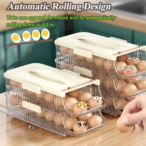 Egg Holder for Fridge, Clear, 1 Row-2 Tiers | Automatic Rolling, Stackable, Removable Inner Tray, Dispenser Organizer - size: 1 Row-2 Tiers