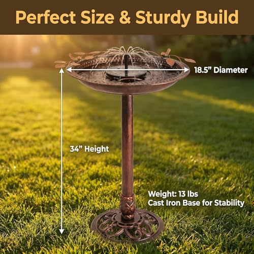 Metal Bird Bath with Solar Fountain Pump & LED Lights, 34" Tall Iron Birdbath for Outdoors, Heavy Duty Cast Iron Pedestal Bird Bath for Garden Yard Patio Lawn Deck, Bronze Finish