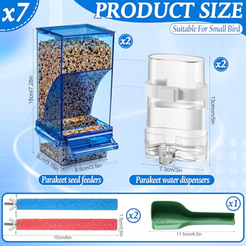 Novabright 7 Pcs No Mess Bird Feeder Water Dispenser Set Include Automatic Parakeet Feeder and Drinker with Bird Paw Grinding Stick Cage Accessories for Small Medium Cockatiel Lovebird(Classic,Blue) - color: Blue, style: Classic