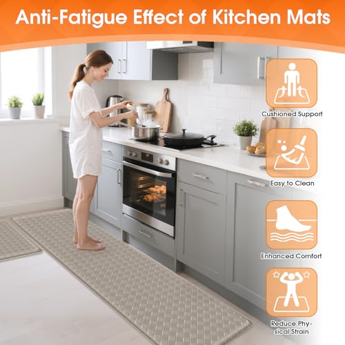 TranquilRelax Kitchen Mats, Cushioned Mats with Extra-Long Runner, Taupe | Kitchen mats for floor, water-resistant anti fatigue mats for kitchen floor with non-slip backing; 17.3 x 30 and 17.3 x 71 in - color: Taupe, size: 2-Piece | 30"+71" | Standard