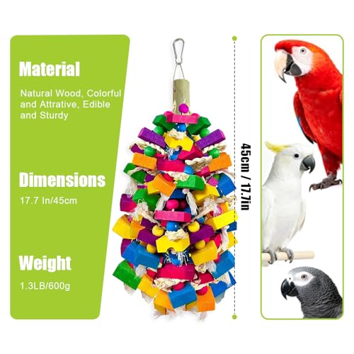 Large Parrot Chew Toys, Colorful Natural Wood Hanging Shredding Toy, Heavy Duty Beak Grinding Enrichment Toy for Macaw, Cockatoo, African Grey Large Bird Cage Accessories