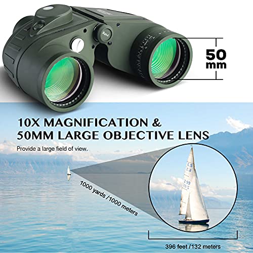 AOMEKIE 10x50 Waterproof Marine Binoculars for Adults with Rangefinder Compass BAK4 Prism FMC Lens for Birdwatching Hunting Boating Fishing Water Sports(Green) - color: Green