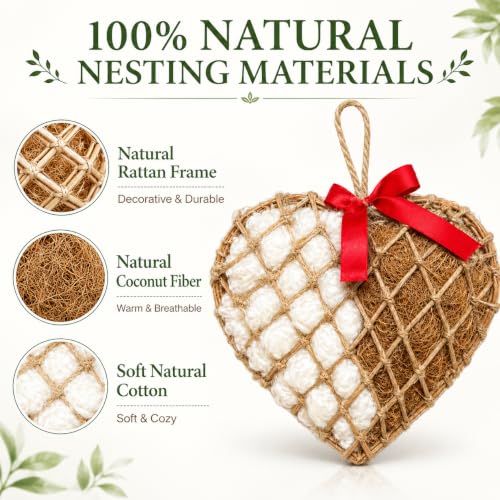 Bird Nesting Material Holder, Hanging Nesting Material Dispenser, Bird Nest Builder with Natural Cotton & Coconut Fiber, Heart Shaped Rattan Holder for Bluebirds, Chickadees, Finches