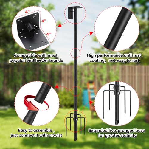 Bird House Pole,60" Outdoor Bird Feeder Pole Kit Stand with 5-Pronged Base, Adjustable Height & Universal Mount for Easy Setup, 2 Installation Methods, Matte Black Finish (Without Bird House) - size: 60"