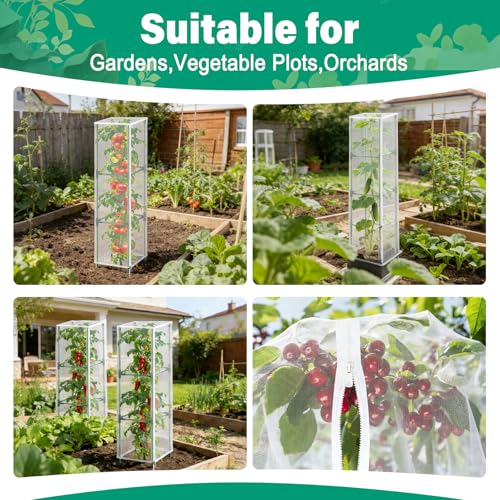 3 Pack Garden Bird Netting Plant Cover for Square Tomato Cage,14.6"x14.6"x51.2" Insect Bird Barrier Tomato Cage Net with Zipper Drawstring,Tomato Trellis Netting Protection Cover for Protecting Plants - color: Square White