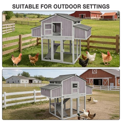 Large Chicken Coop for 6-8 Chickens, Double Folding Wooden Chicken House with 2 Nesting Boxes, Reinforced Iron Frame, Pull-Out Tray & Waterproof Roof, Outdoor Poultry Cage - color: Grey (AIR66)