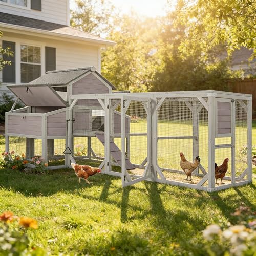 Aivituvin Chicken Coop Extra Large Chicken House with Run for 4-6 Chickens Outdoor Wooden Hen House Poultry Cage with 6 Nesting Boxes, 6 Perches, 118" L (Grey, AIR46M) - size: 118.1"L x 56.7"W x 49.5"H