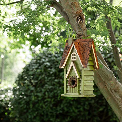 Glitzhome 12" H Green Hanging Distressed Solid Wood Garden Bird House Decorative Birdhouse - color: 12"H Green
