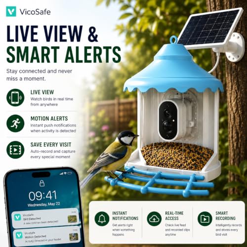 VicoHome N002 Bird Feeder with Camera - AI Bird Recognition, Solar Powered Outdoor Birdhouse Cam with Night Vision, Motion Alerts, App Control, Cloud & SD Storage, IP65 Waterproof, 2K HD Live View