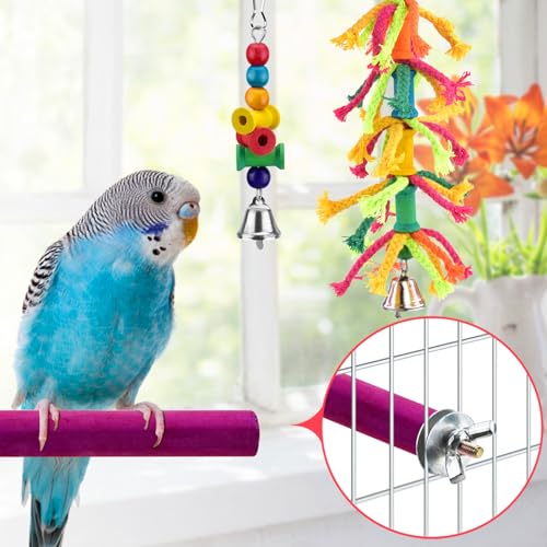 KATUMO Bird Toys, Parrot Swing Parakeet Ladder Conure Wood Perch Bird Chew Toys Cockatiel Hanging Bell Toys for Parakeet, Conure, Cockatiel, Mynah, Love Birds, Finch, Small Pet Birds - style: Colored ladder set (8 IN 1)