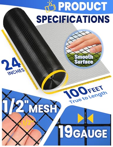 1/2 inch 24inch×100ft 19 Gauge Black Hardware Cloth Chicken Wire Fence, Galvanized Steel Vinyl Coated Wire Mesh Roll Supports Poultry Netting Cage Fence Snake, Rabbit Wire - size: 1/2inch 24"x100'