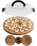 Trauful Deviled Egg Carrier with Lid and Handle | Reversible | Wooden Portable Deviled Egg Containers with Lid for Party Travel | Covered Platter Tray Holder | Holds 22 Eggs, Acacia Wood - color: Acacia