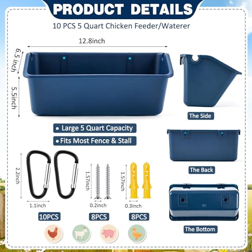 10 Pack Chicken Feeder,5 Quart Hanging Goat Waterer,Dark Blue | Two Mounting Options, Metal Clips and Screws,Solid base without holes,Livestock Feed Buckets for Sheep Duck Coop, Farm, Geese - color: Dark Blue