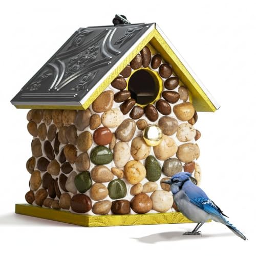 Premium River Pebble Bluebird House – Cedar Wood Outdoor Birdhouse with Embedded Metal Roof, Weather-Resistant Garden Nest Box for Wild Birds, Hanging & Pole Mountable (Yellow) - color: River Pebble Yellow