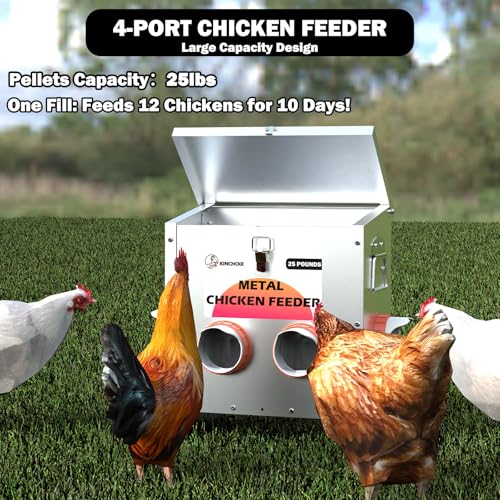 Metal Chicken Feeder Large Capacity 25lbs Automatic Metal Chicken Feeders No Waster Weatherproof Poultry Feeder for Chickens, Geese, Ducks, Turkeys (4-Port) - style: 25lb Feeder with 4 Ports