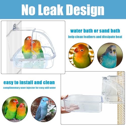 Bird Bath for Cage, Plastic Water Bowl Feeder for Pet Birds, Parrot Bathtub with Hanging Hooks for Little Bird Parrots Spacious Parakeets Portable Shower for Most Birdcage - color: clear