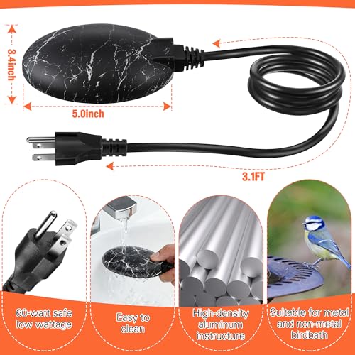 1 Pack Upgrade Bird Bath Heater for Outdoors, 60 Watts Birdbath Deicer | Pond Deicer Water Heater Thermostatically Controlled with Auto Shut off Function for Patio Lawn Winter (Marble Black) - color: Marble Black