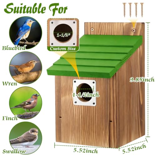 Dreyoo 4 Pack Bluebird Houses for Outside with Metal Predator Guard, 1-1/2" Entrance Hole Wooden Blue Bird Houses for Outdoors, Bluebird Nesting Box (Green Roof, Burnt Wood Body) - color: Green Roof, Burnt Wood Body