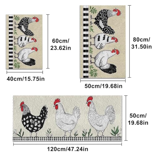 Farmhouse Kitchen Rugs Set of 3, Non Slip Washable Durable Stain Resistant Floor Mat Set,Black and White Rooster Pattern Simple Home Decor,Rooster Kitchen Runner Rug 16"X24"+20"X32"+20"X47" - color: Black and White Rooster