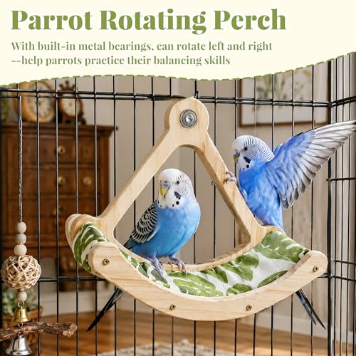 FlidRunest Upgrade Bird Perch Toy with Hammock, Interactive Rocking Parakeet Foraging Toys Green Fabric Mat Hammock, Wooden Exercise Wheel Birds Enrichment Toy Cage Accessories for Budgies Conure