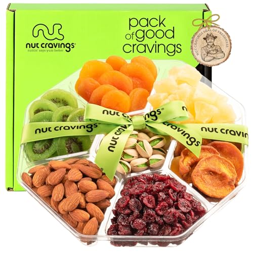 NUT CRAVINGS - Dried Fruit & Mixed Nuts Gift Basket (7 Assortments, 1 LB) | Green Ribbon Food Arrangement, Healthy Snack Care Package, - style: 4. Green Ribbon - Deluxe (7 Piece Assortment)