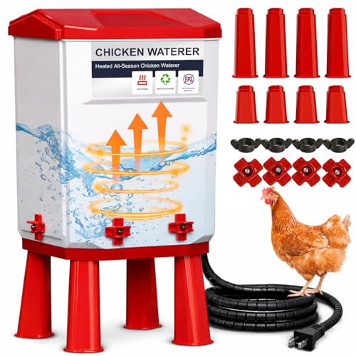Heated Chicken Waterer, 11L Winter Chicken Water Heater Bucket with 4 Nipple Drinkers, Anti-Freezing, Winter and Summer Dual-use, Automatic Heated Poultry Drinker for Coop (Red) - size: 2.9 Gallon