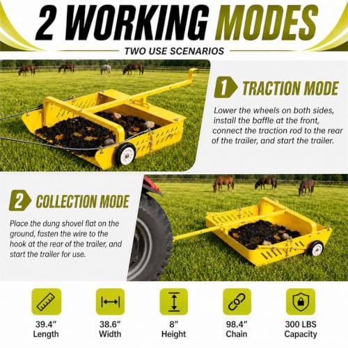 GRIND MODE 2-in-1 Horse Paddock Cleaner & Tow-Behind Trailer, Heavy Duty Manure Fork & Scoop, Efficient Yard Sweeper for Horse Manure, Drag Collector for Pasture/Yard Easy Cleanup - color: Yellow, size: Wire Drag