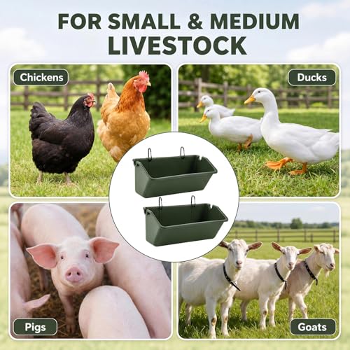 10 Pack Chicken Feeder,5 Quart Hanging Goat Waterer,Green | Two Mounting Options, Metal Clips and Screws,Solid base without holes,Livestock Feed Buckets for Sheep Duck Coop, Farm, Geese - color: Green