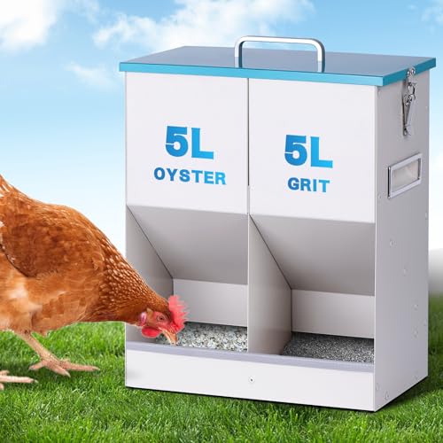 10L Chicken Grit and Oyster Shell Feeder Combo with Lid Hanging Duck Feeder Automatic Metal Gravity Chicken Feeder Poultry Coop Accessories for Goose Hens Eggs (Blue)