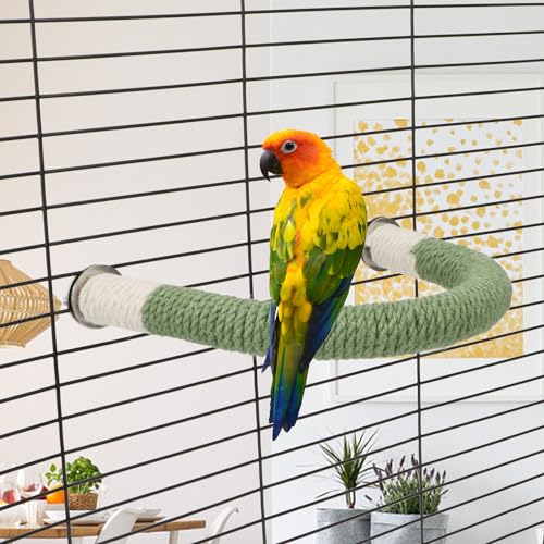 Hypeety U Shape Bird Hemp Rope Perch Parrot Cage Paw Grinding Stick Stand | U shape, natural wood with hemp rope, grinding paw naturally, birdcage accessories, for budgies/cockatiels/conures, green, L